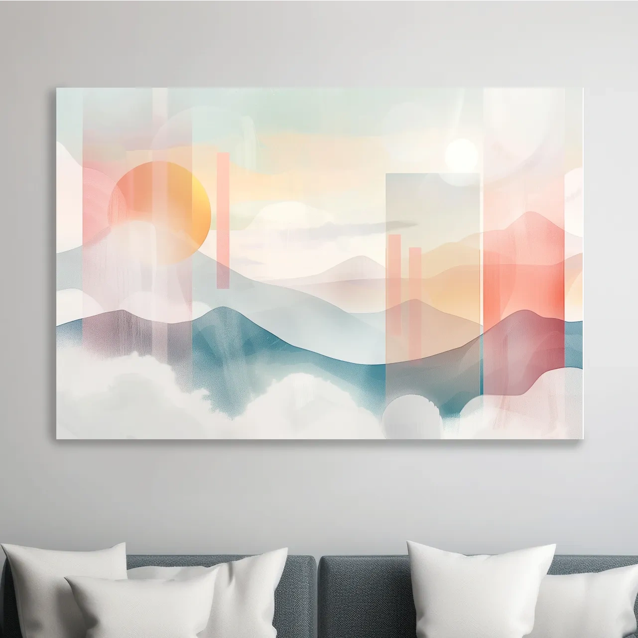 Mountains at sunset, soft pastel watercolor painting wall art