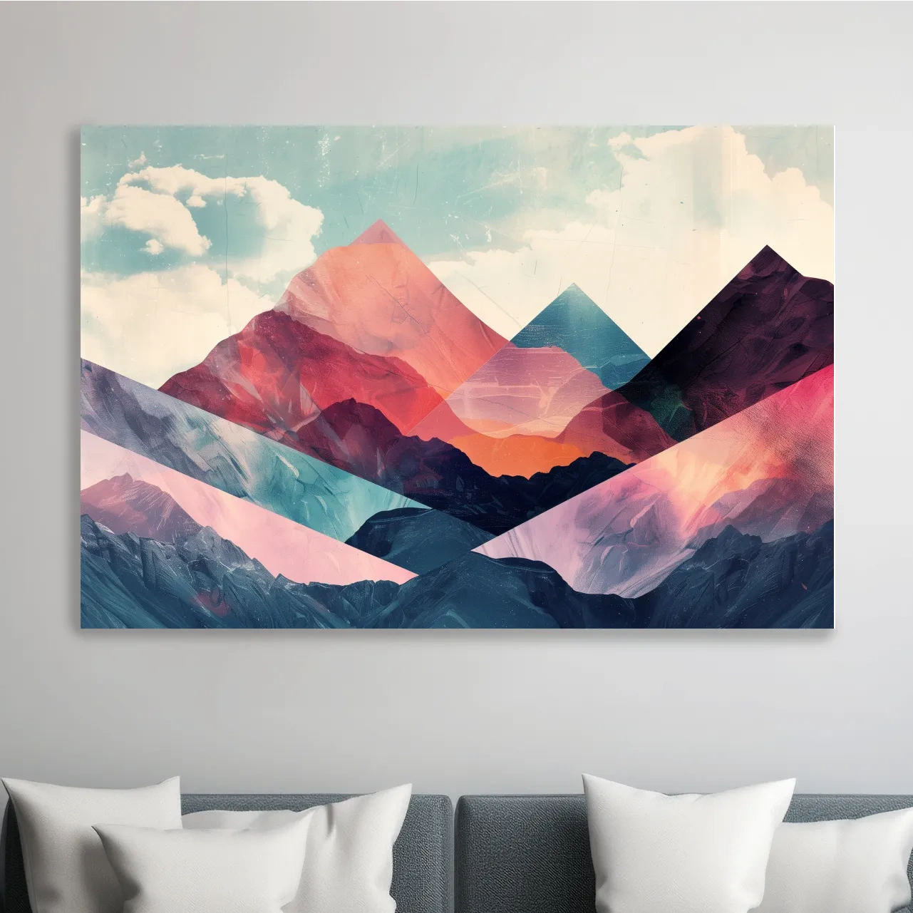 Vibrant colorful mountain wall art, mixed media collage effect
