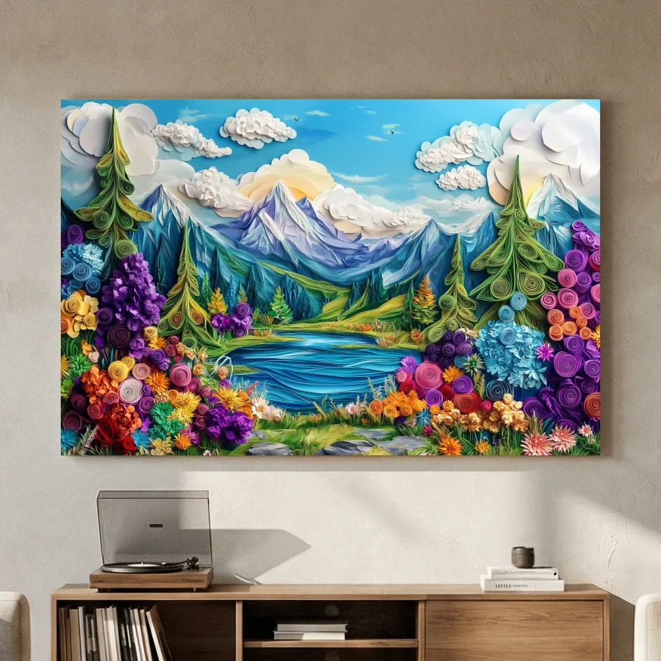 Colorful Paper Quilling Alpine Meadows Landscape - 3D Effect Nature Wall Art