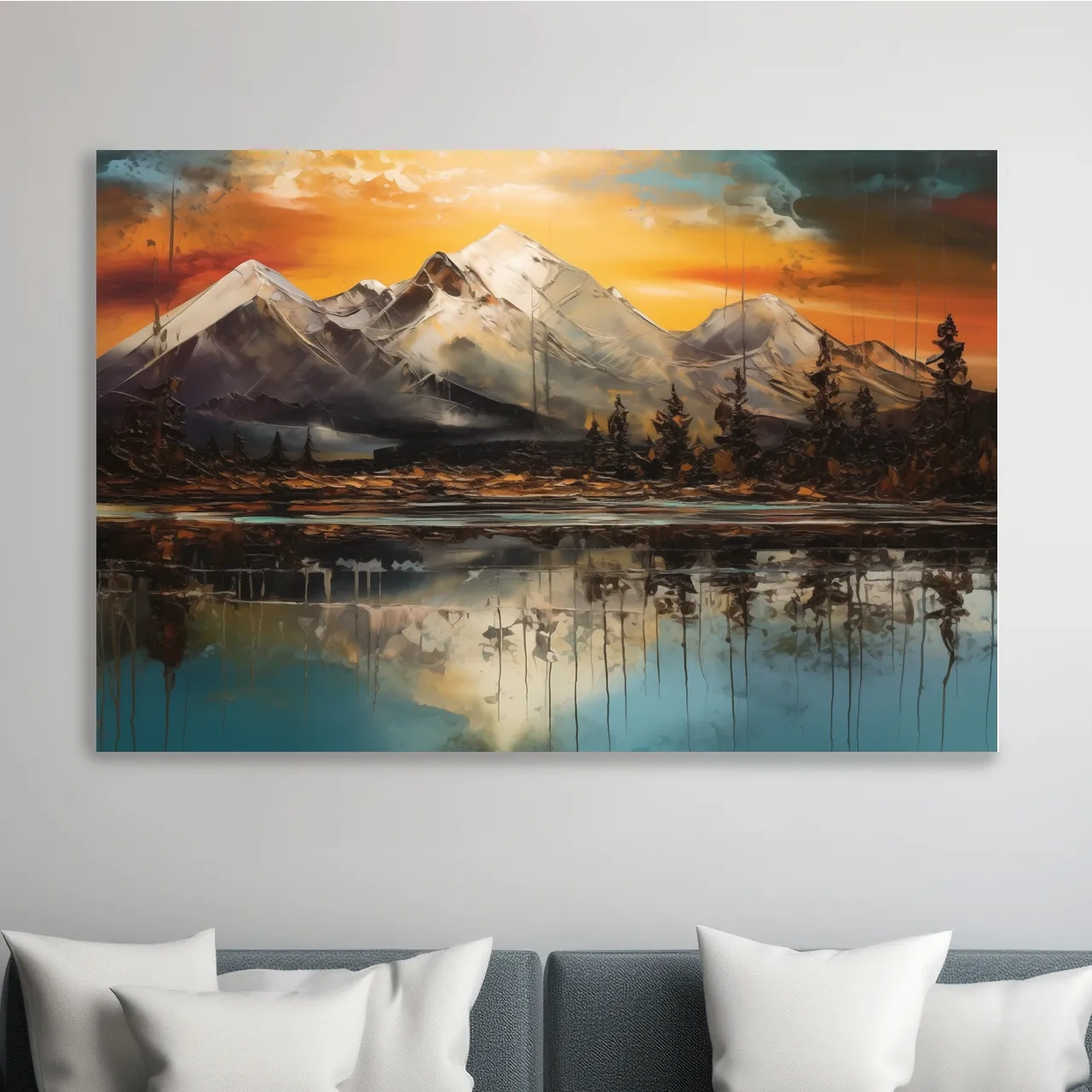 Abstract oil painting of an alpine lake at sunset