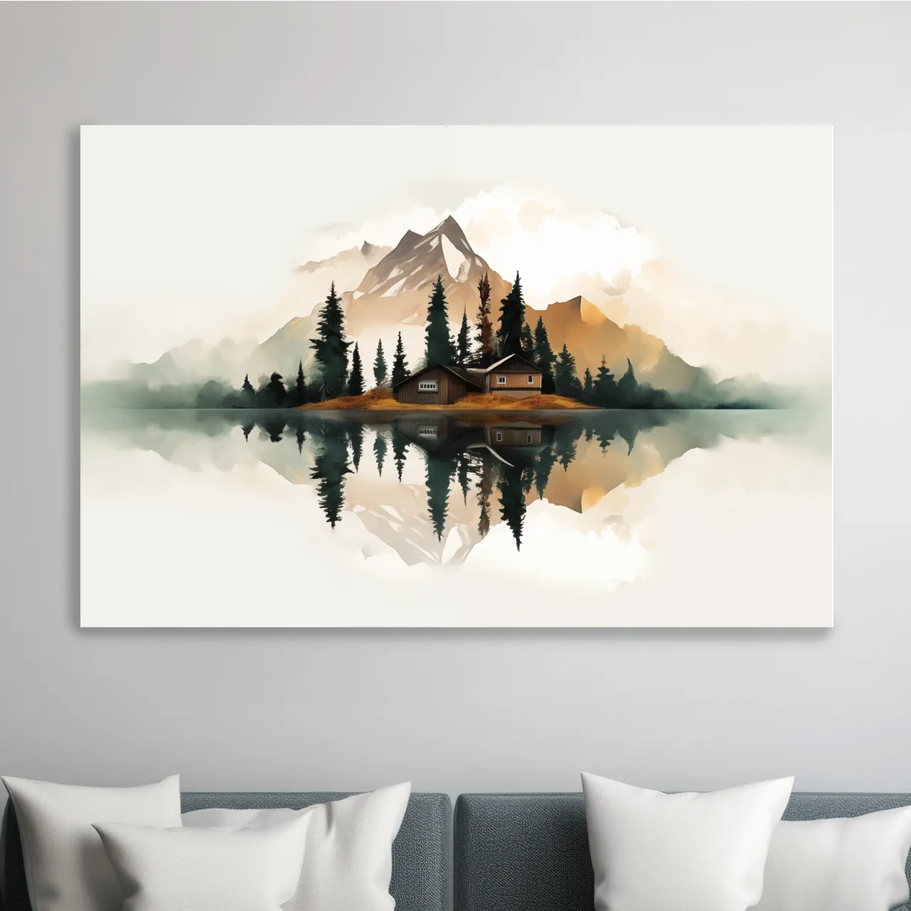 Minimalist Mountain Cabin Lake Reflection - Misty Watercolor Landscape Wall Art