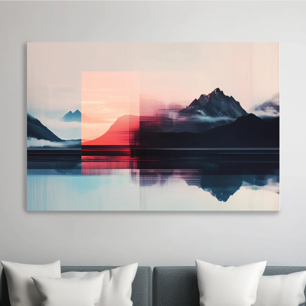 Mountains in the clouds at sunset, glitched wall art effect