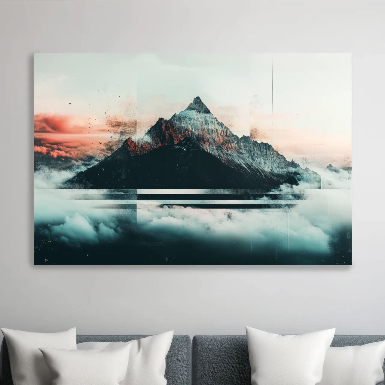Mountain peak in the clouds at sunset, glitch style artwork