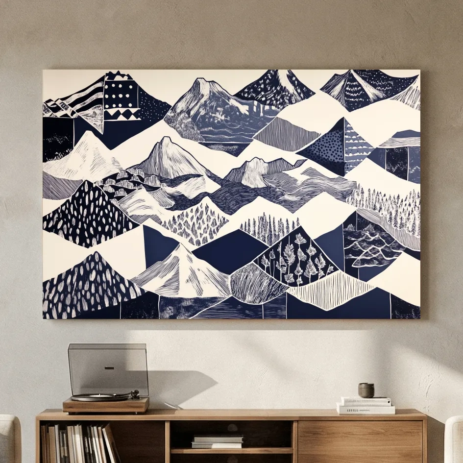 Linocut Patchwork Mountain Range Illustration - Modern Landscape Artwork