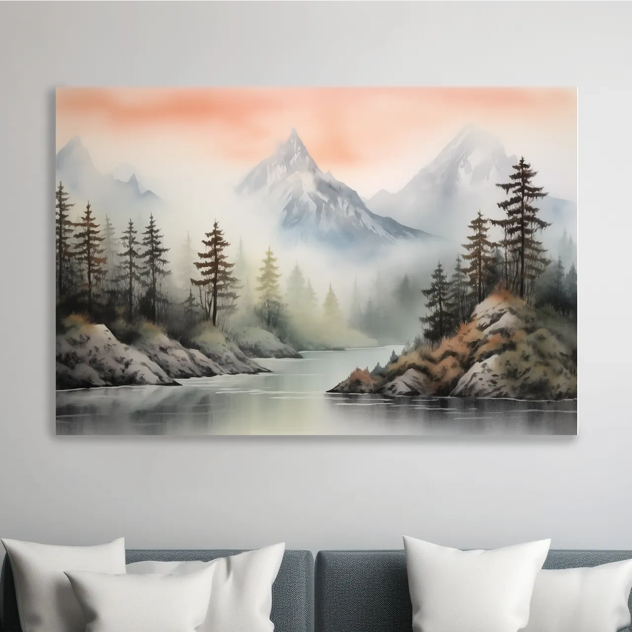 Chinese style ink wash watercolour painting of mountains