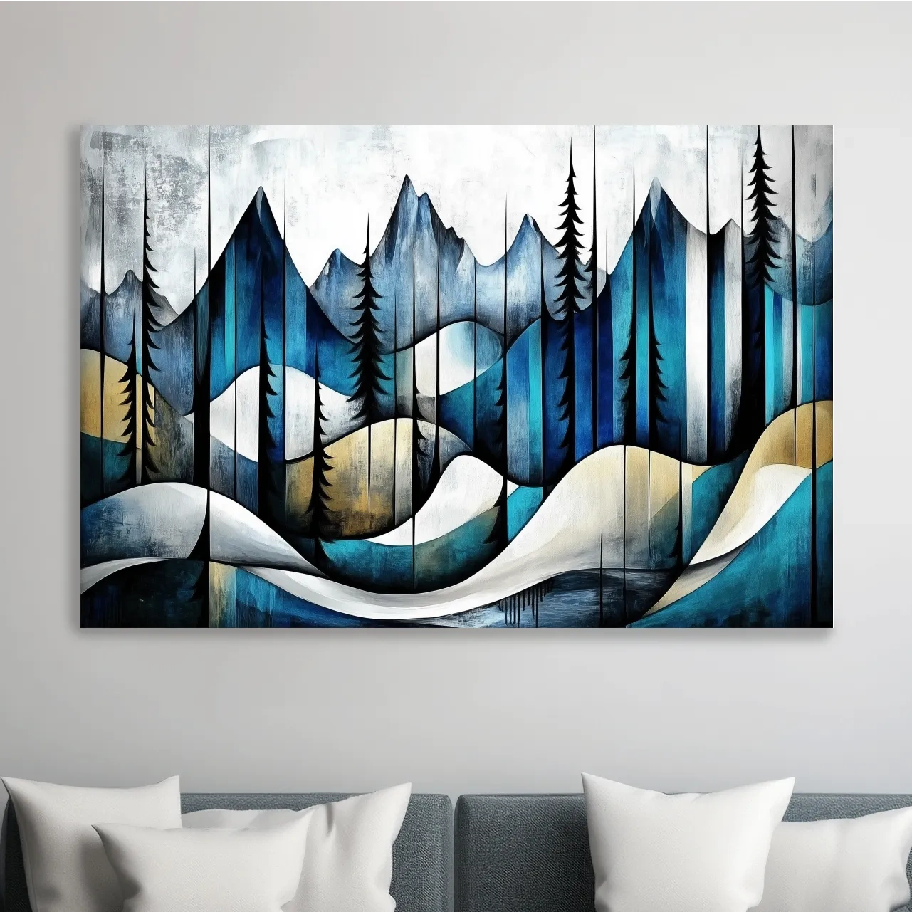 Abstract mountain painting, trees in the alpine, textured effect