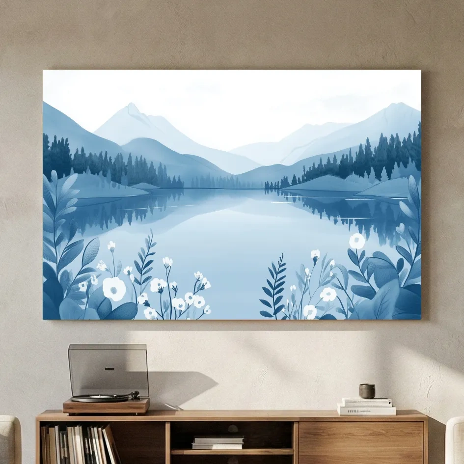 Serene Mountain Lake Illustration - Minimalist Alpine Landscape Wall Art