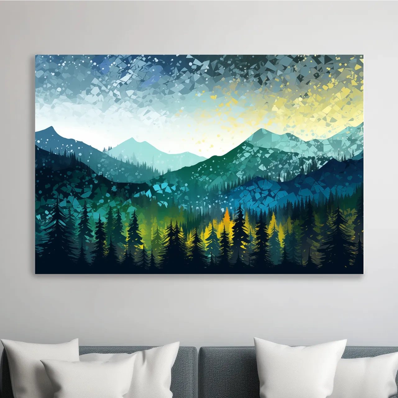 Vibrant forest and mountain art, abstract pointillism