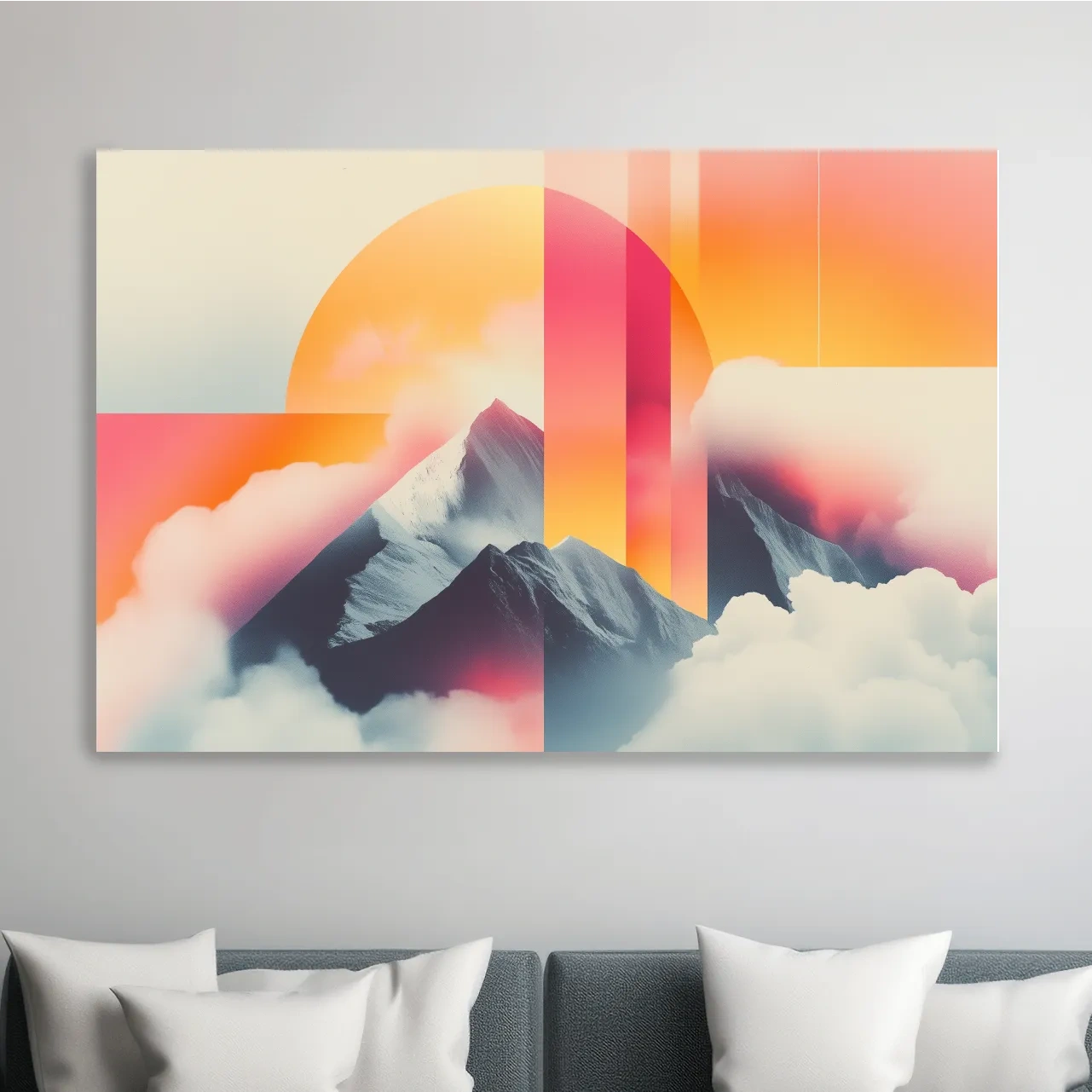 Retro style mountain wall art, sunset in the clouds
