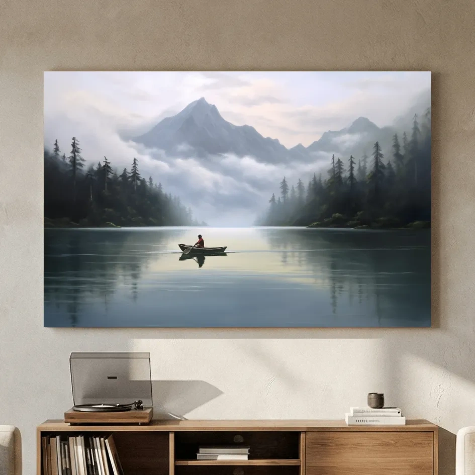 Misty Mountain Alpine Lake Canoe Scene - Serene Landscape Wall Art