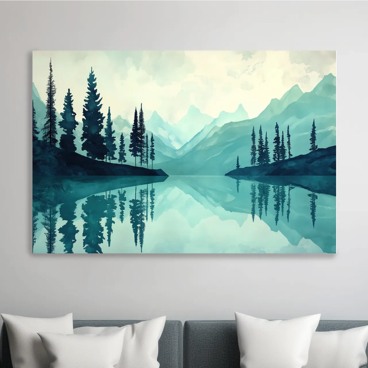 Treelined Alpine Lake Reflection - Watercolor Forest Wall Art