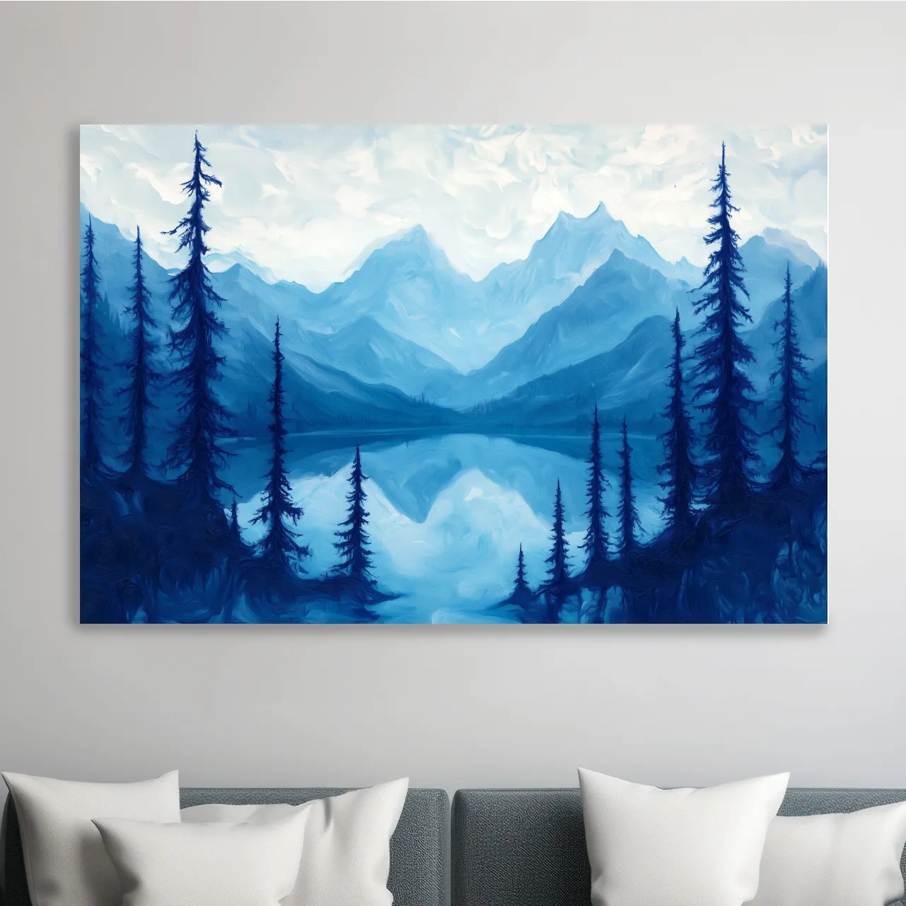 Oil painting artwork, view over an alpine lake in the mountains