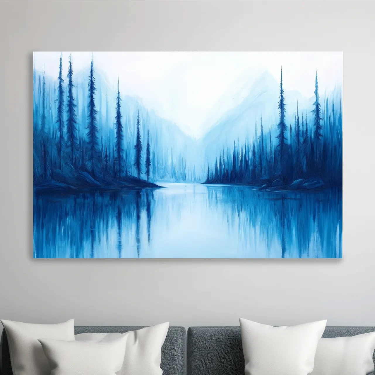 Impressionist style painting of a treelined alpine lake