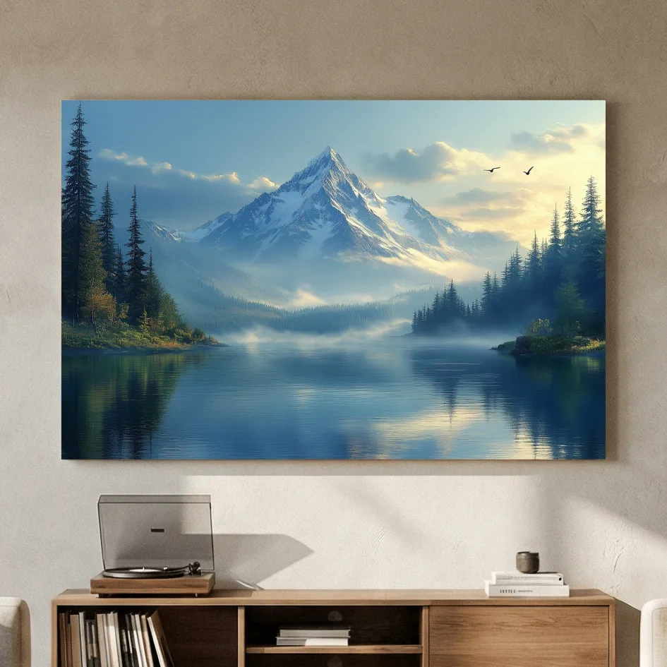 Misty Alpine Mountain Lake Sunset - Pine Forest Artwork