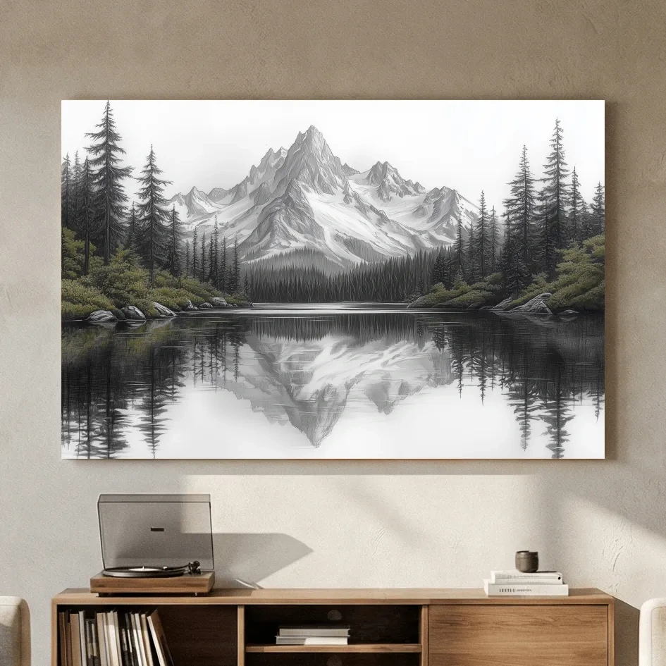 Monochrome Alpine Mountain Lake Reflection Sketch Artwork - Minimalist Forest Landscape Wall Art