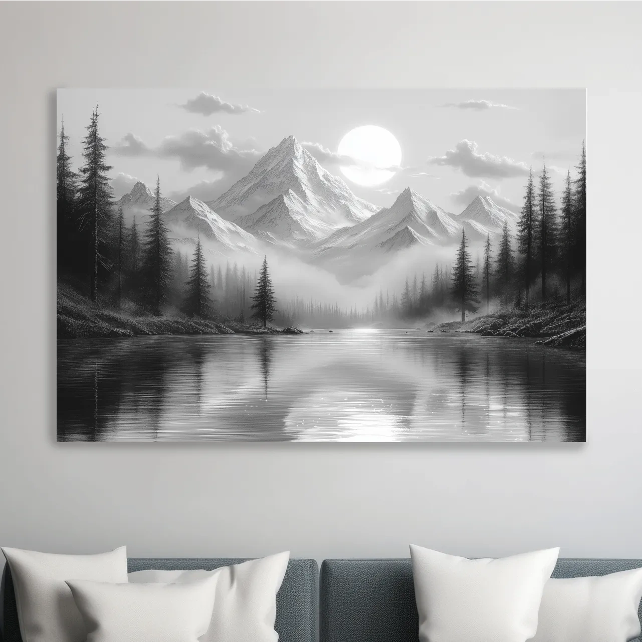 Misty forest and alpine lake beneath a glacier, black and white wall art