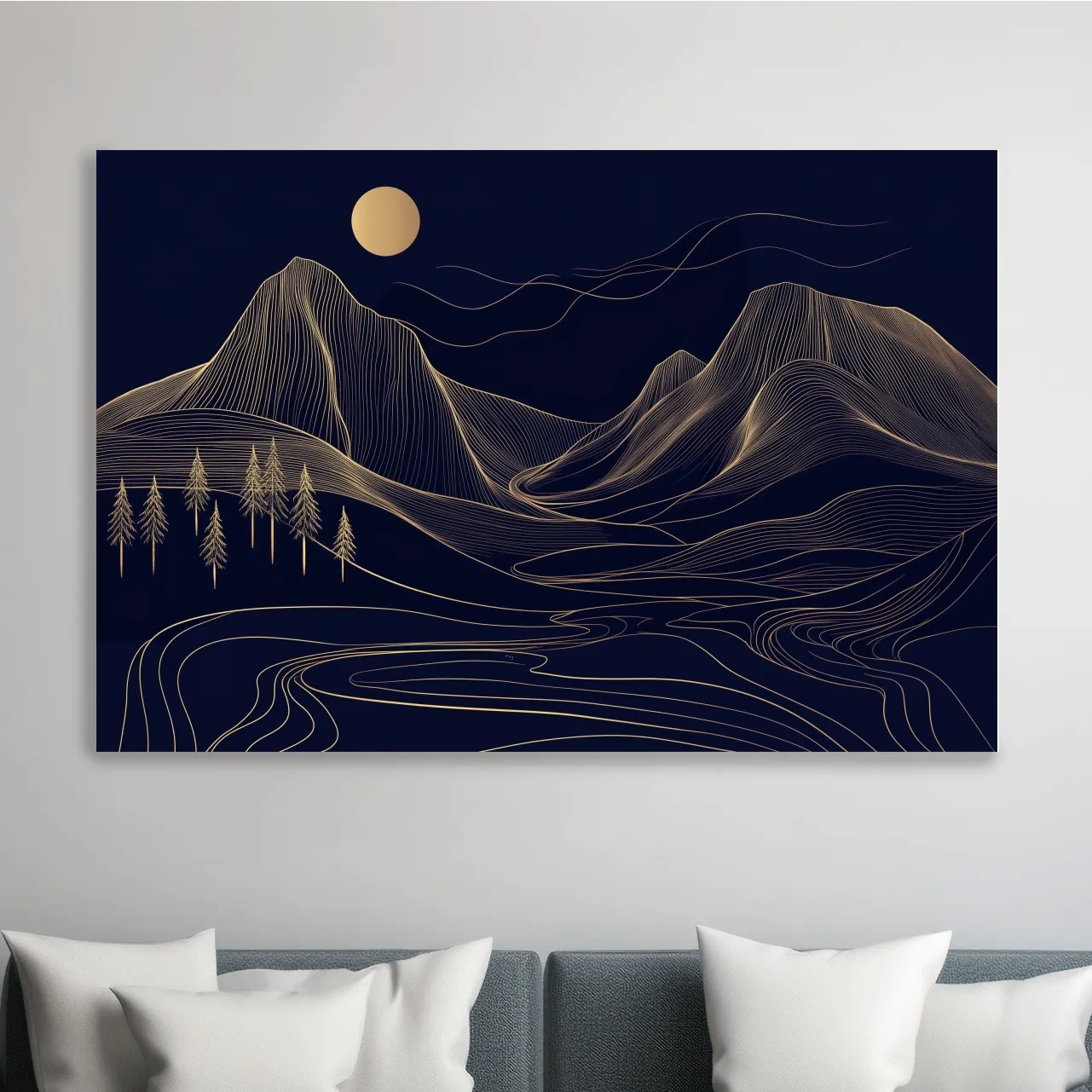 Elegant mountain wall art, gold contour line artwork style