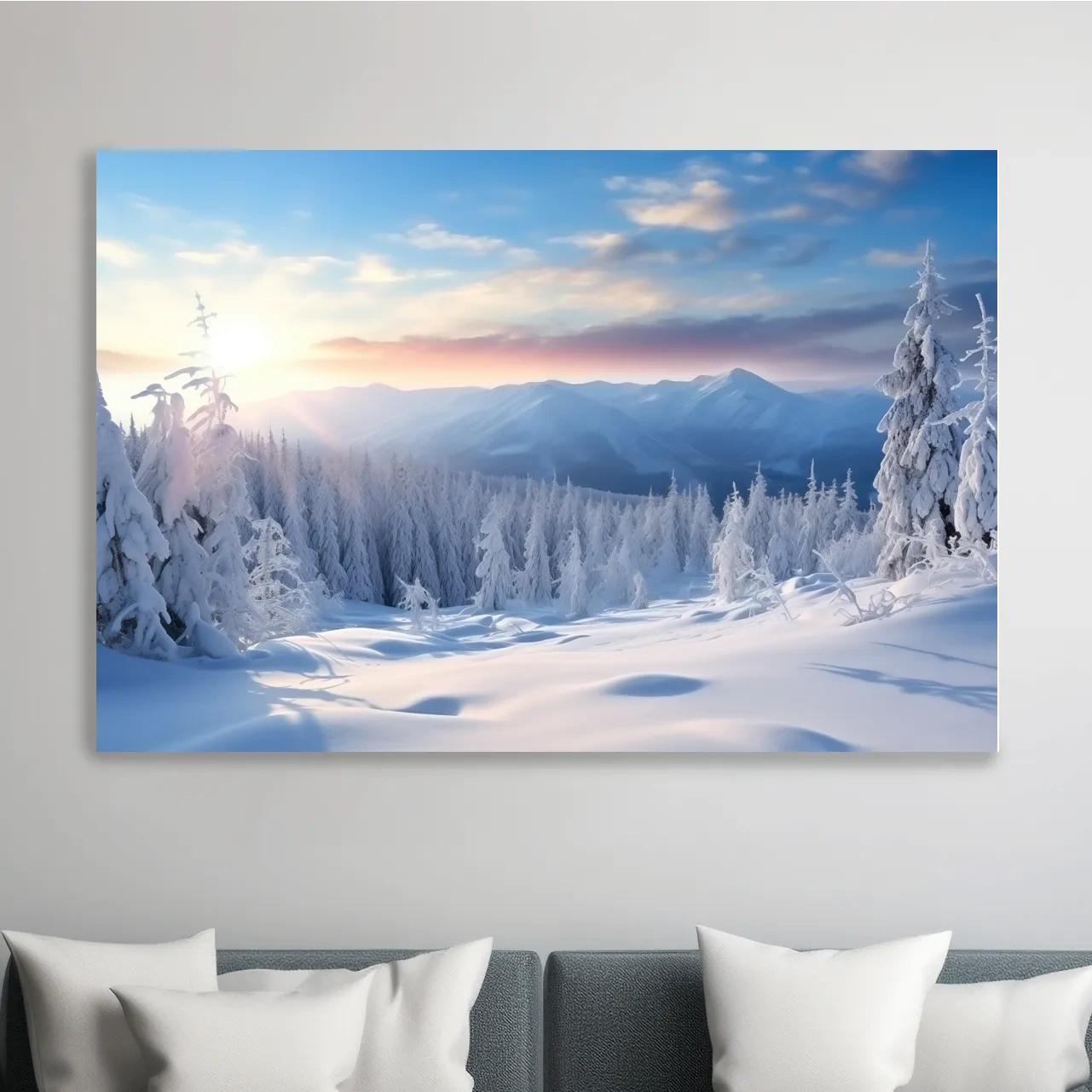 Snow covered alpine forest at sunset, photographic art