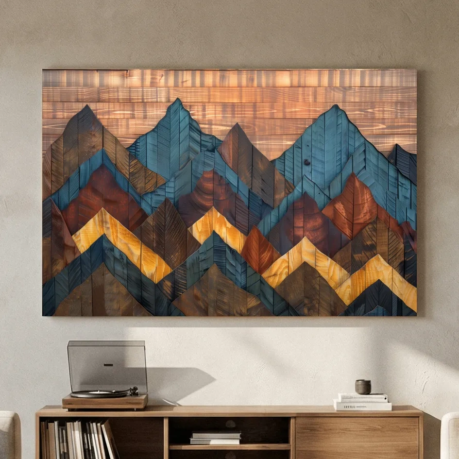 Geometric Wood Grain Mountain Range - Rustic Landscape Artwork