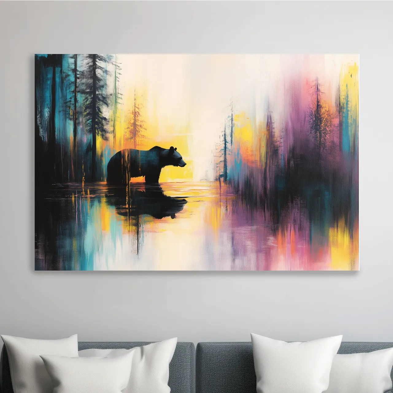 Grizzly bear in a river painting, colorful abstract wall art