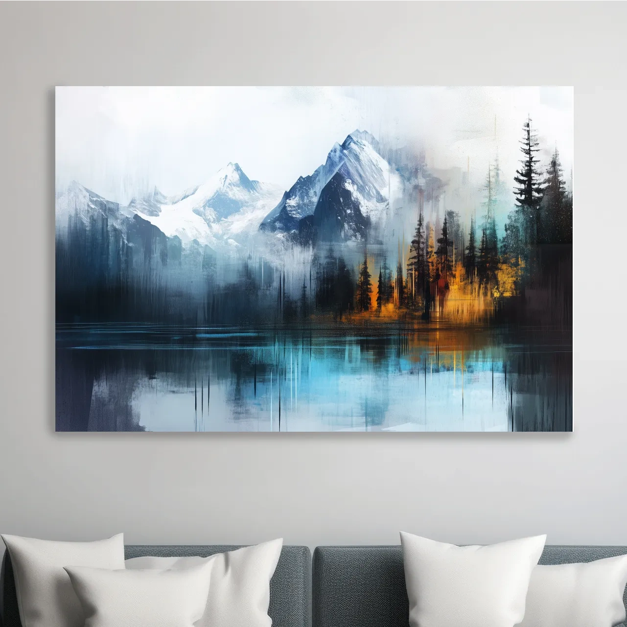 Misty Mountain & Lake Reflection - Abstract Painting Pine Forest Wall Art