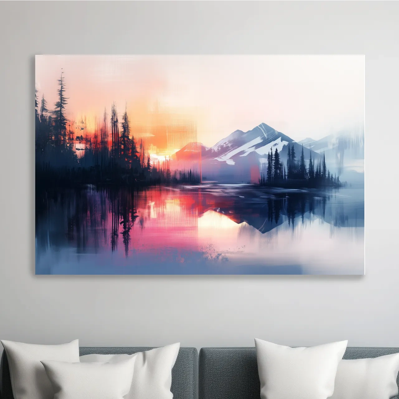 Textured painting wall art, sunset over alpine mountains, lake and forest