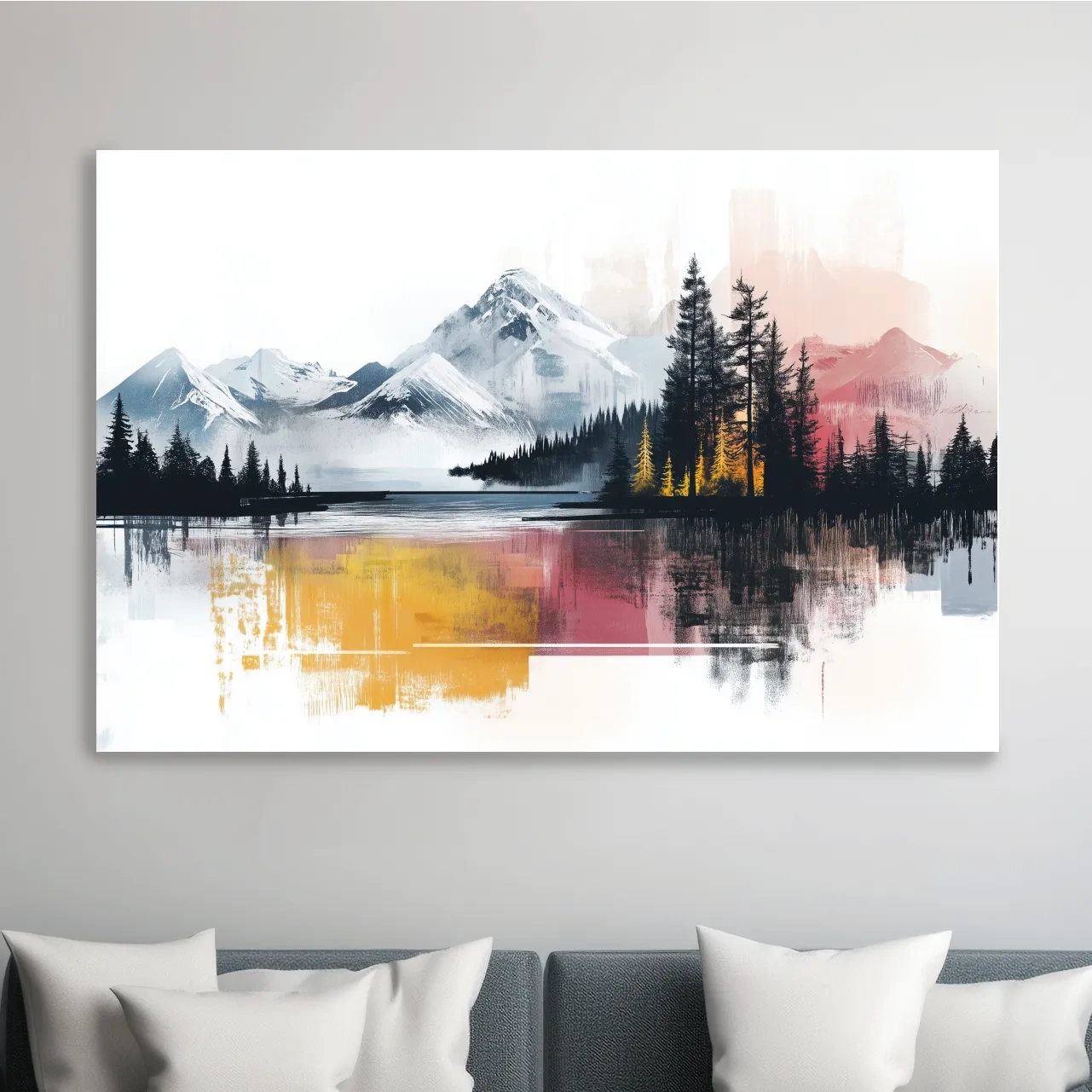 Colorful abstract mountain painting, glacial lake and forest wall art