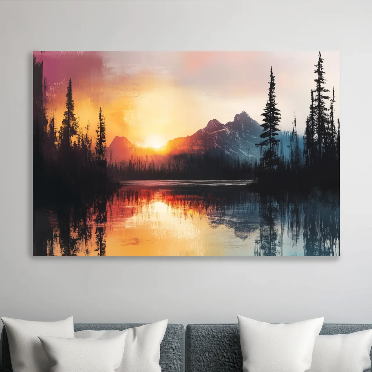 Abstract mountain art painting, sunset over a lake and forest