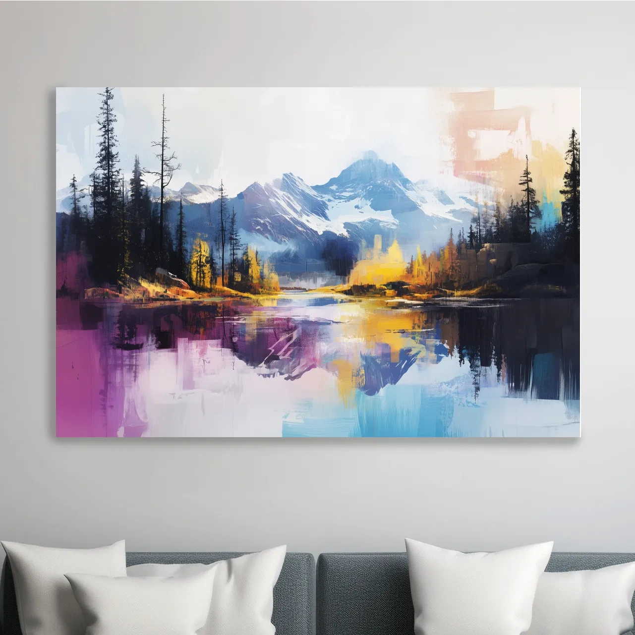 Vibrant Abstract Mountain Lake Reflection Painting - Colorful Modern Landscape Wall Art
