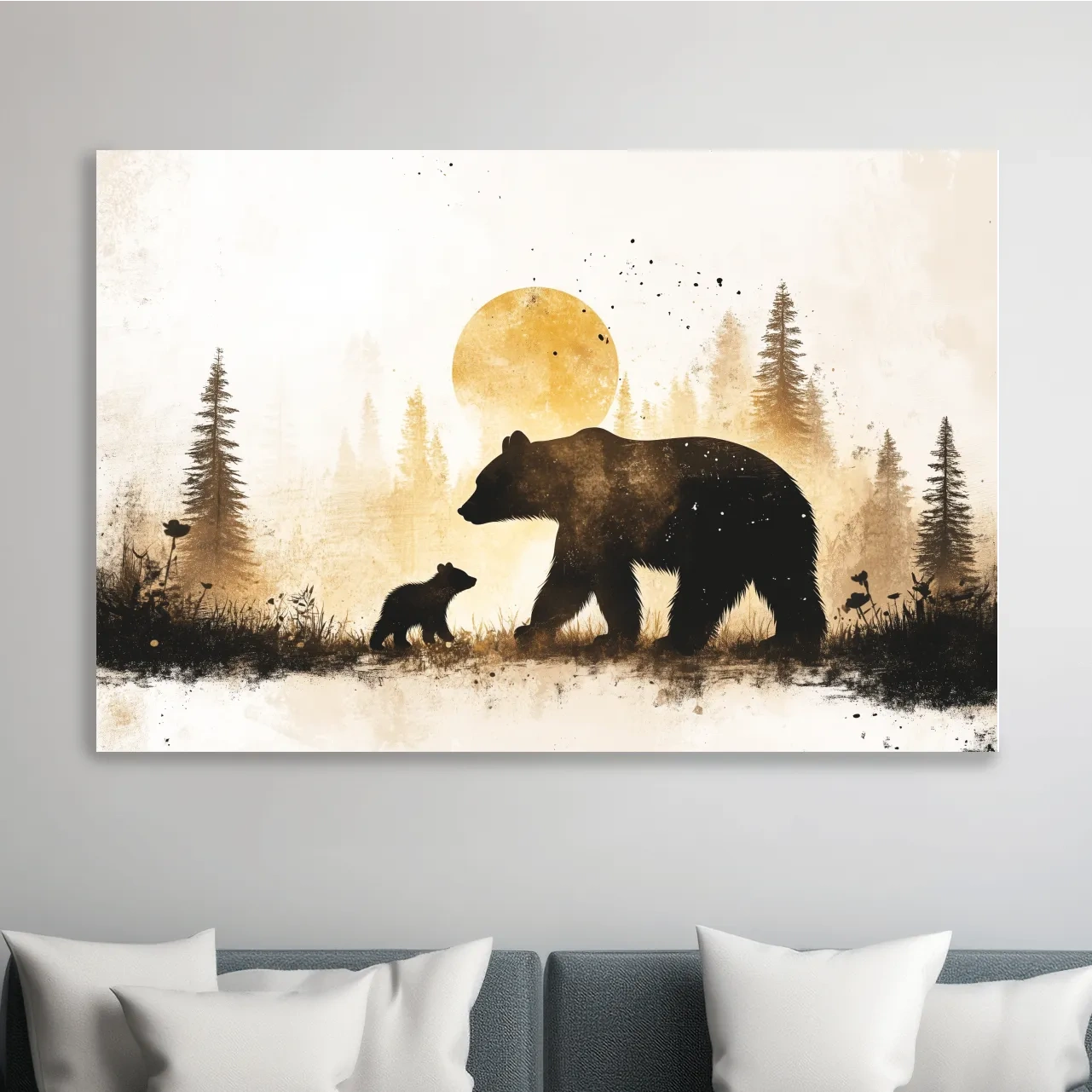 Momma bear and her cub in the forest, textured illustration wall artwork