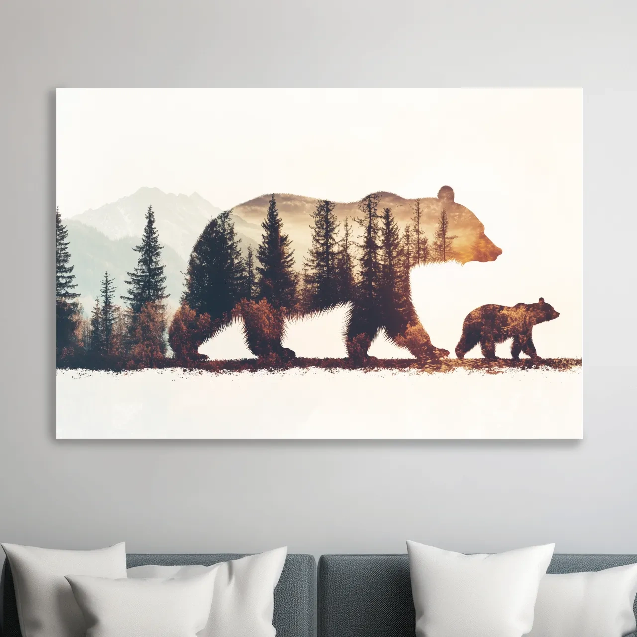 Double exposure forest wall art, momma bear and her cub