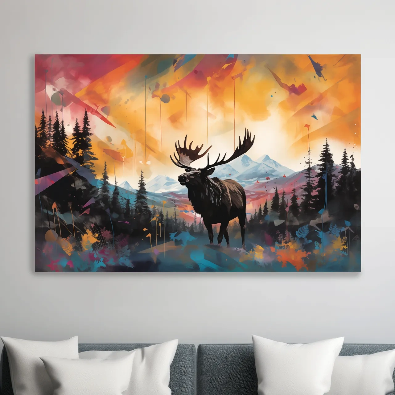 Abstract vibrant painting of a moose in forest scenery