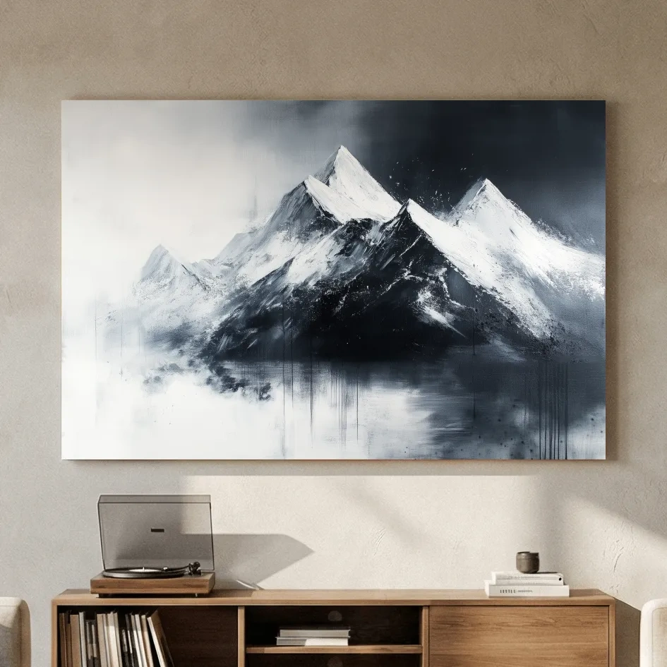 Moody Monochrome Snowcapped Mountain Peaks Painting - Modern Minimalist Wall Art