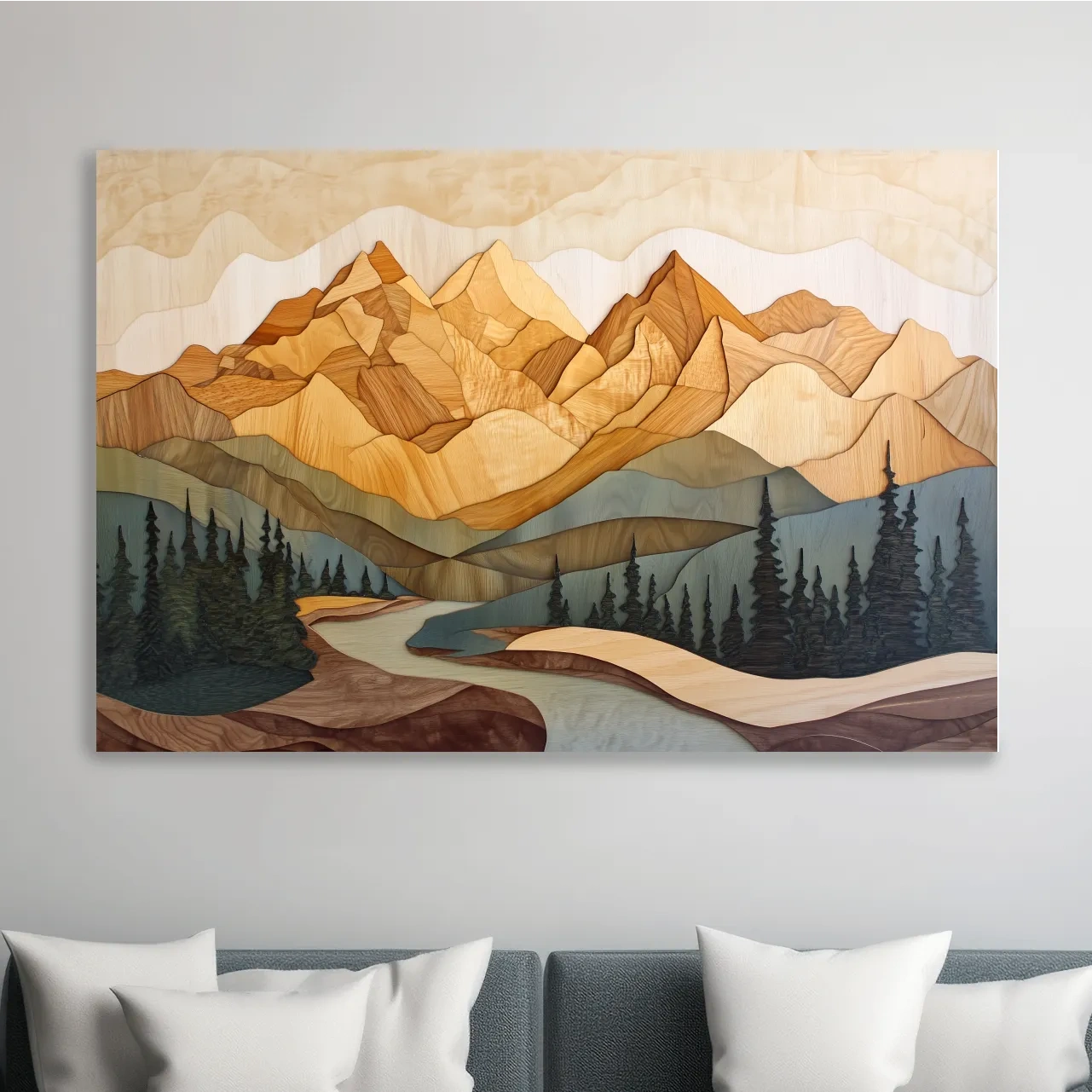Alpine forest mountain artwork, 3d layered wood intarsia style art