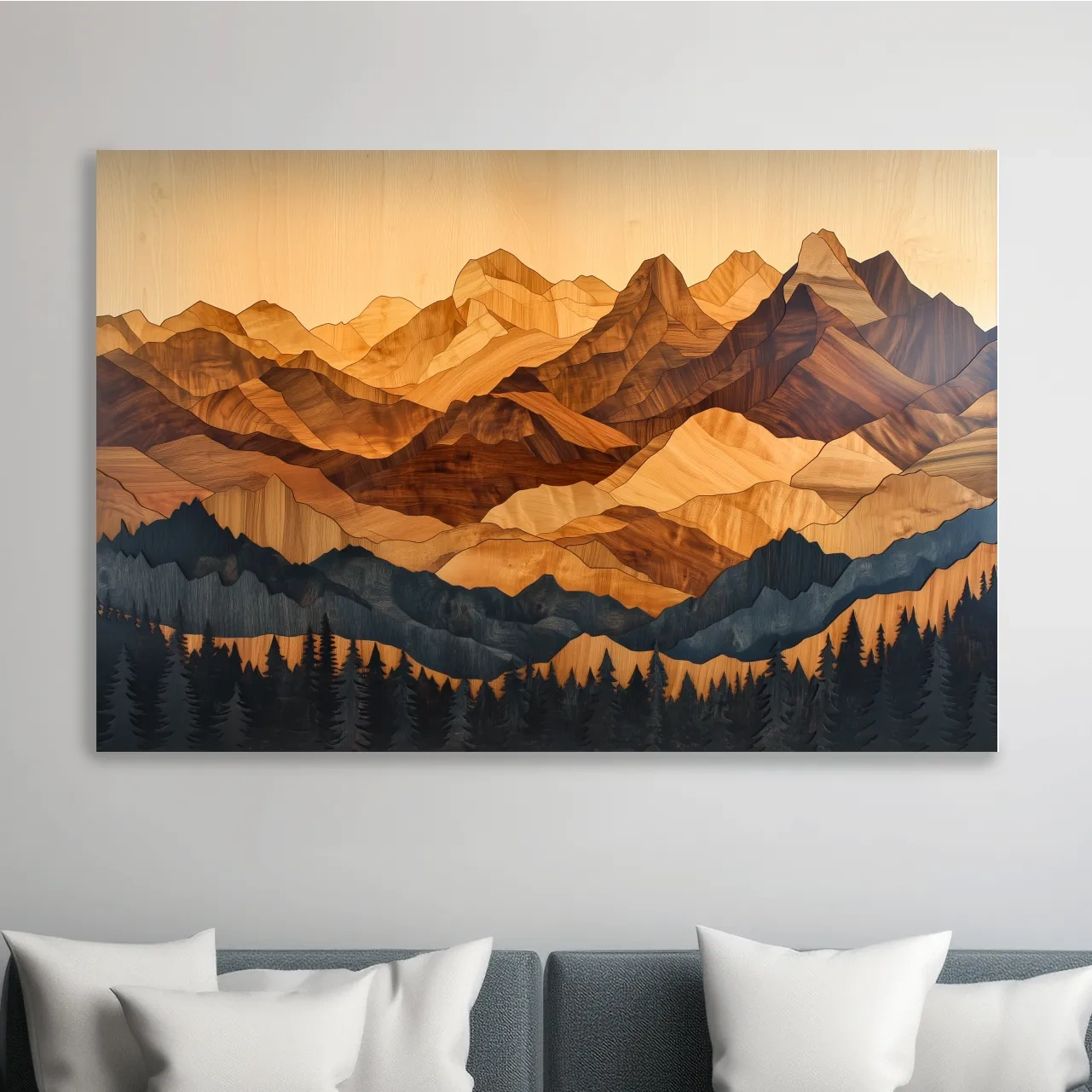 Mountain and forest wall art, 3d wood intarsia style layered wood effect