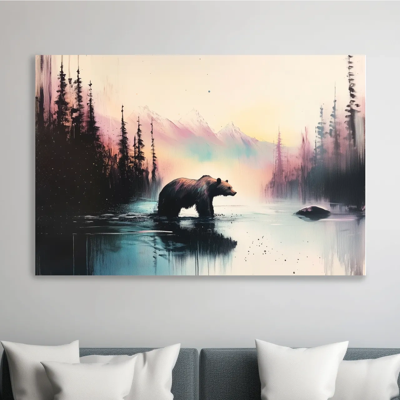 Vibrant textured wallart painting, a grizzly bear in a river