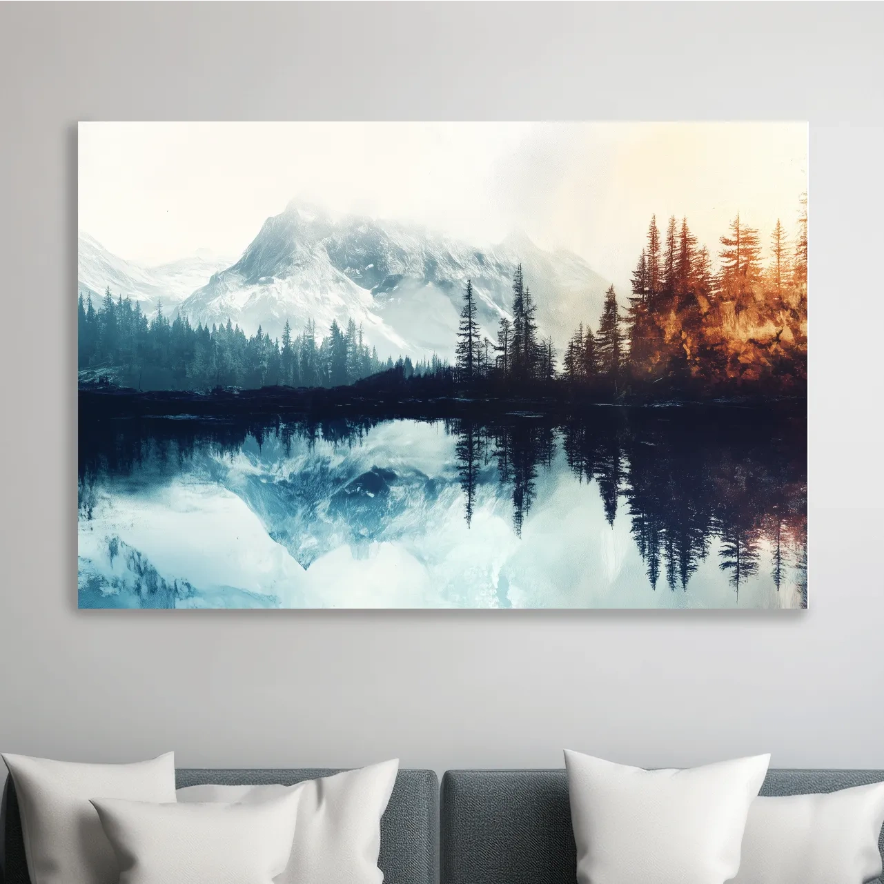 Mountain wall art, foggy glacial lake and forest in fall, textured painting effect