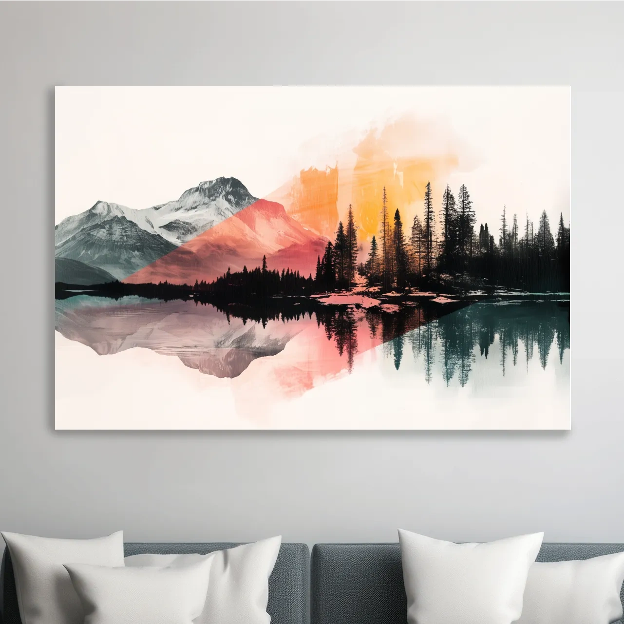 Modern abstract mountain wall artwork painting, glacial lake and forest, vibrant textured style