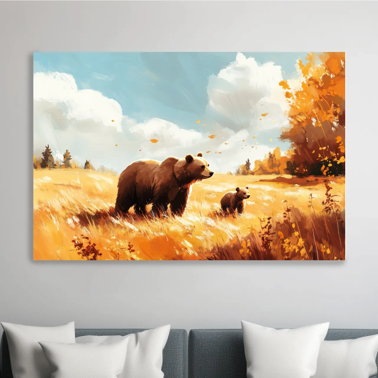 Autumn wildlife wall art, mother bear and cub in a golden meadow, painterly and impressionism style