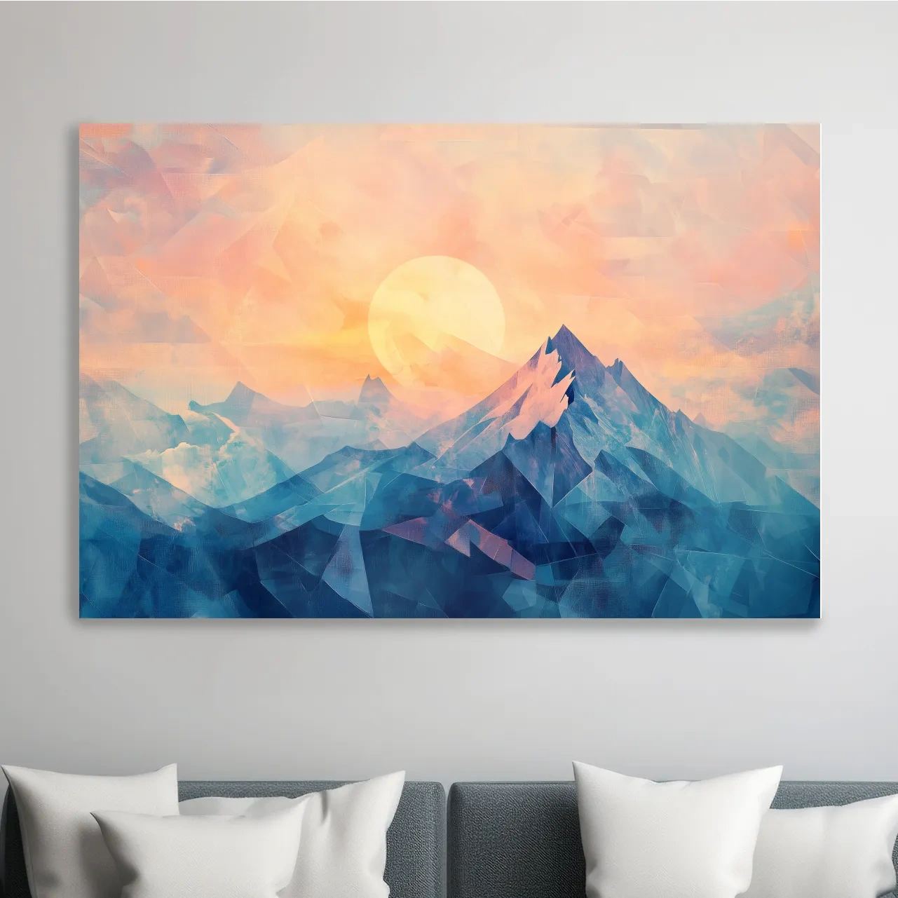 Sunset mountain wall art, geometric fragmented mosaic effect, textured art finish