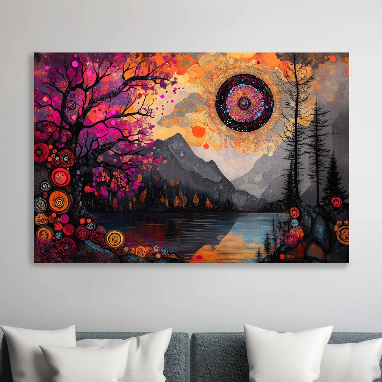 Trippy and surreal abstract mountain landscape at sunset, intricate textured patterns, vibrant colors, cosmic style