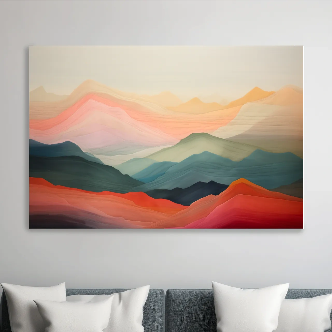 Dreamy pastel mountain landscape artwork, layered gradient painting effect