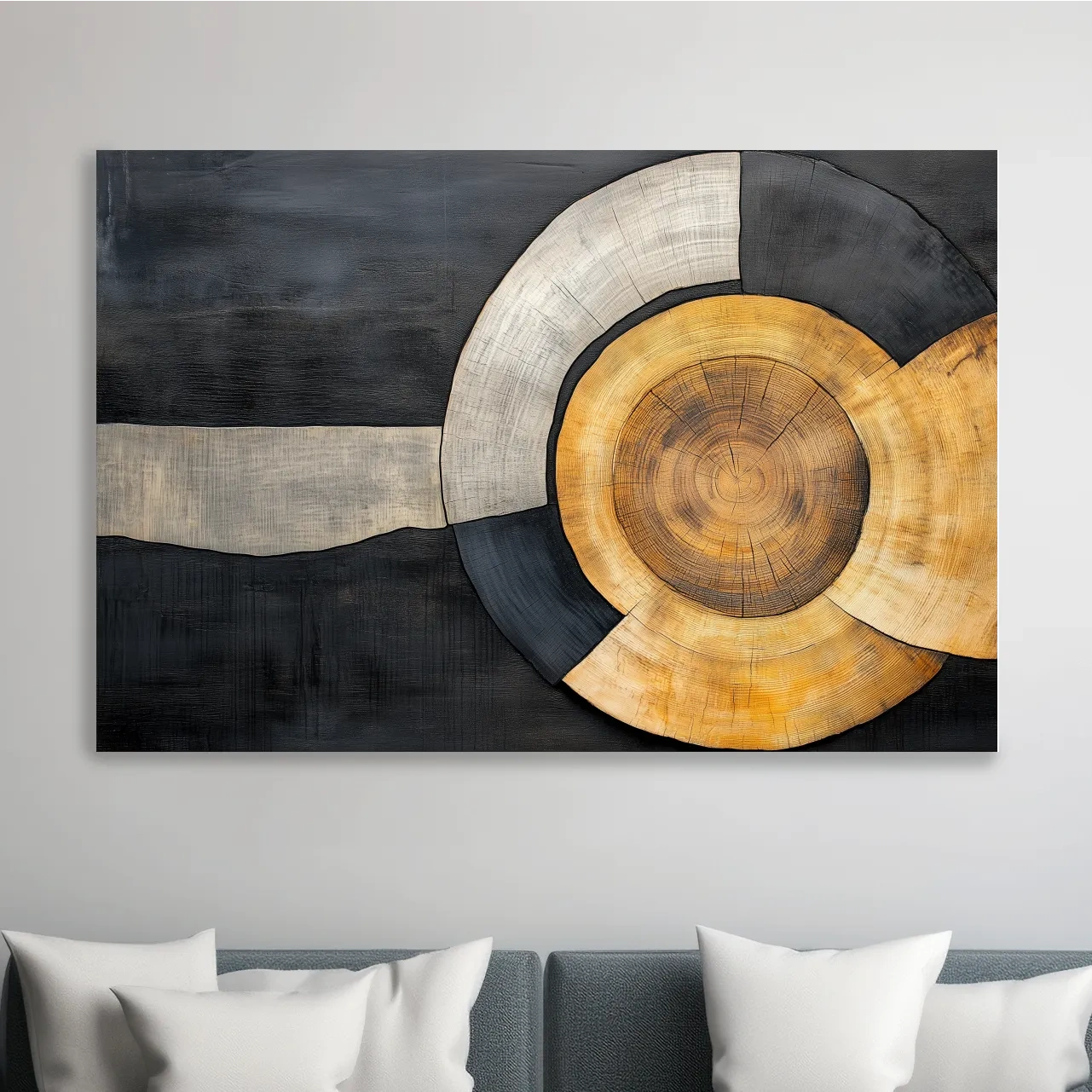 Wood grain cut log modern wall art, circular concentric design with earthy tones