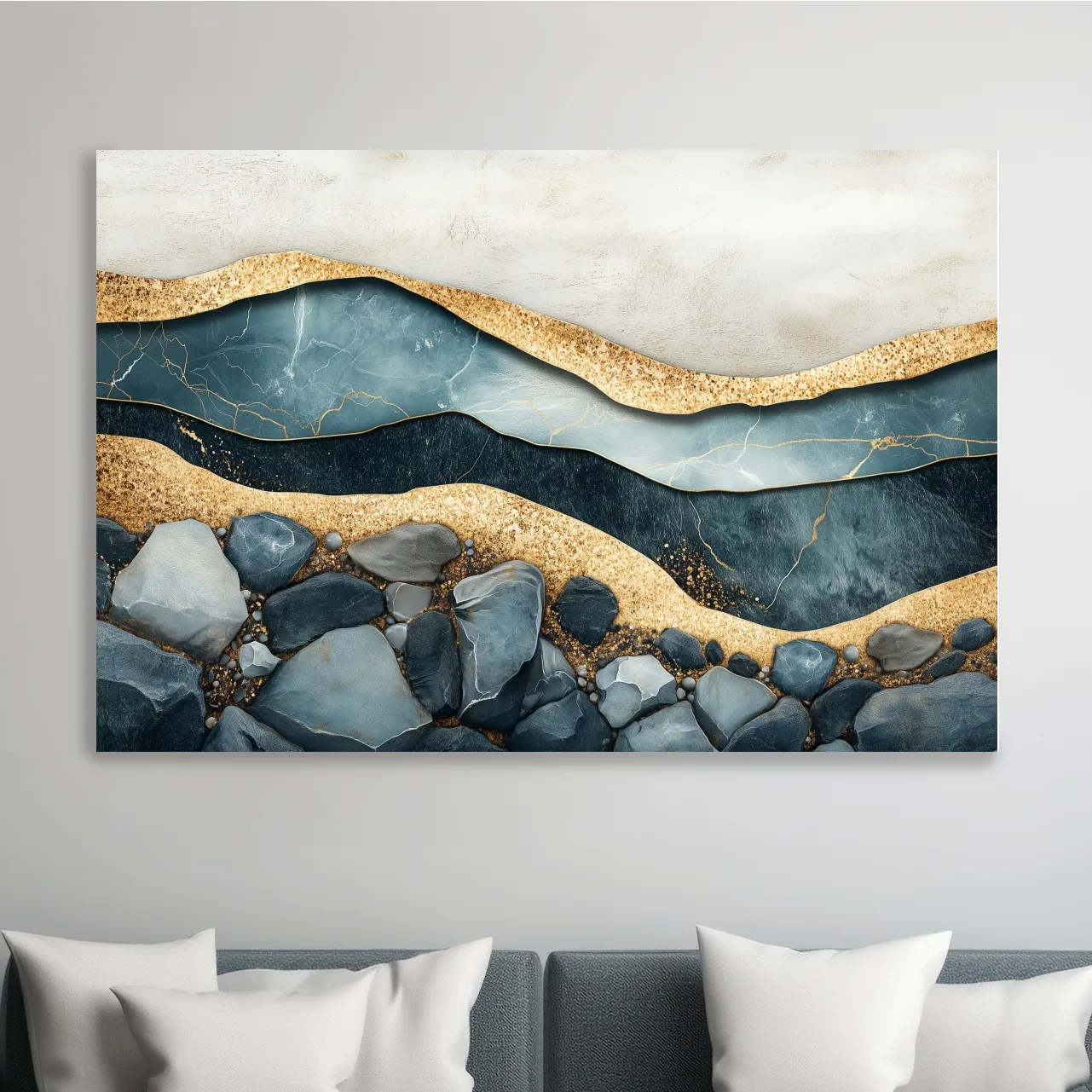 Luxury Teal Gold Marble Geode Layers - Modern River Rock Wall Art