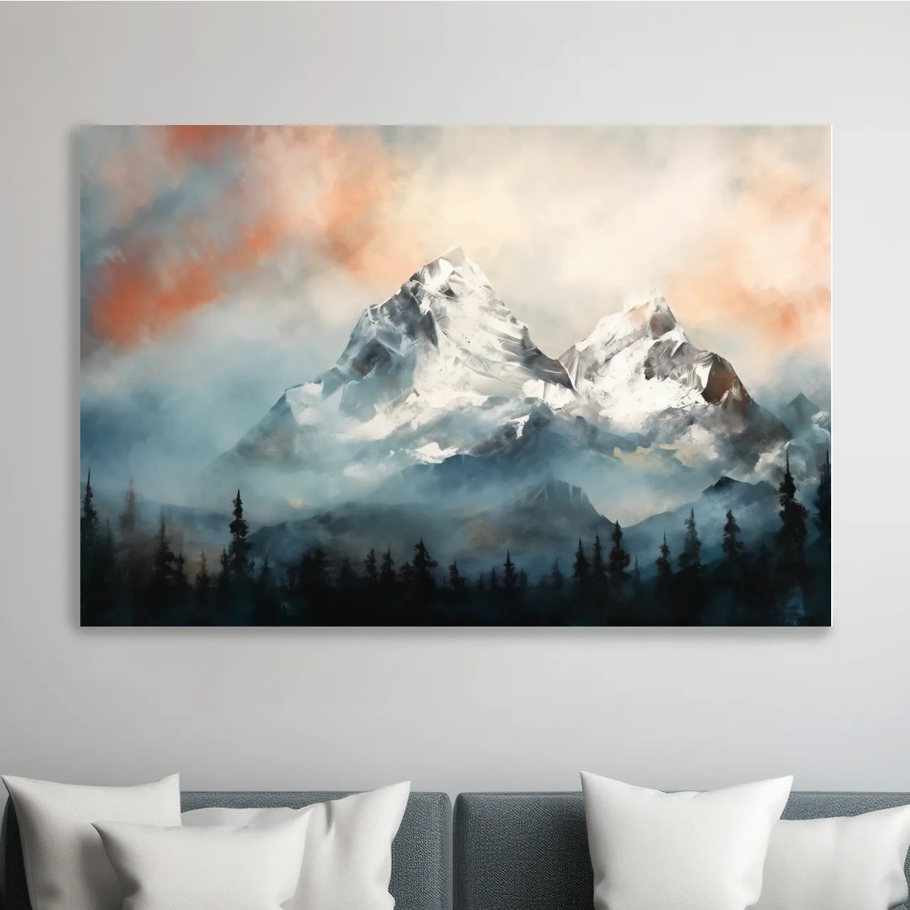 Impressionist mountain painting, sunset glacier in the mist