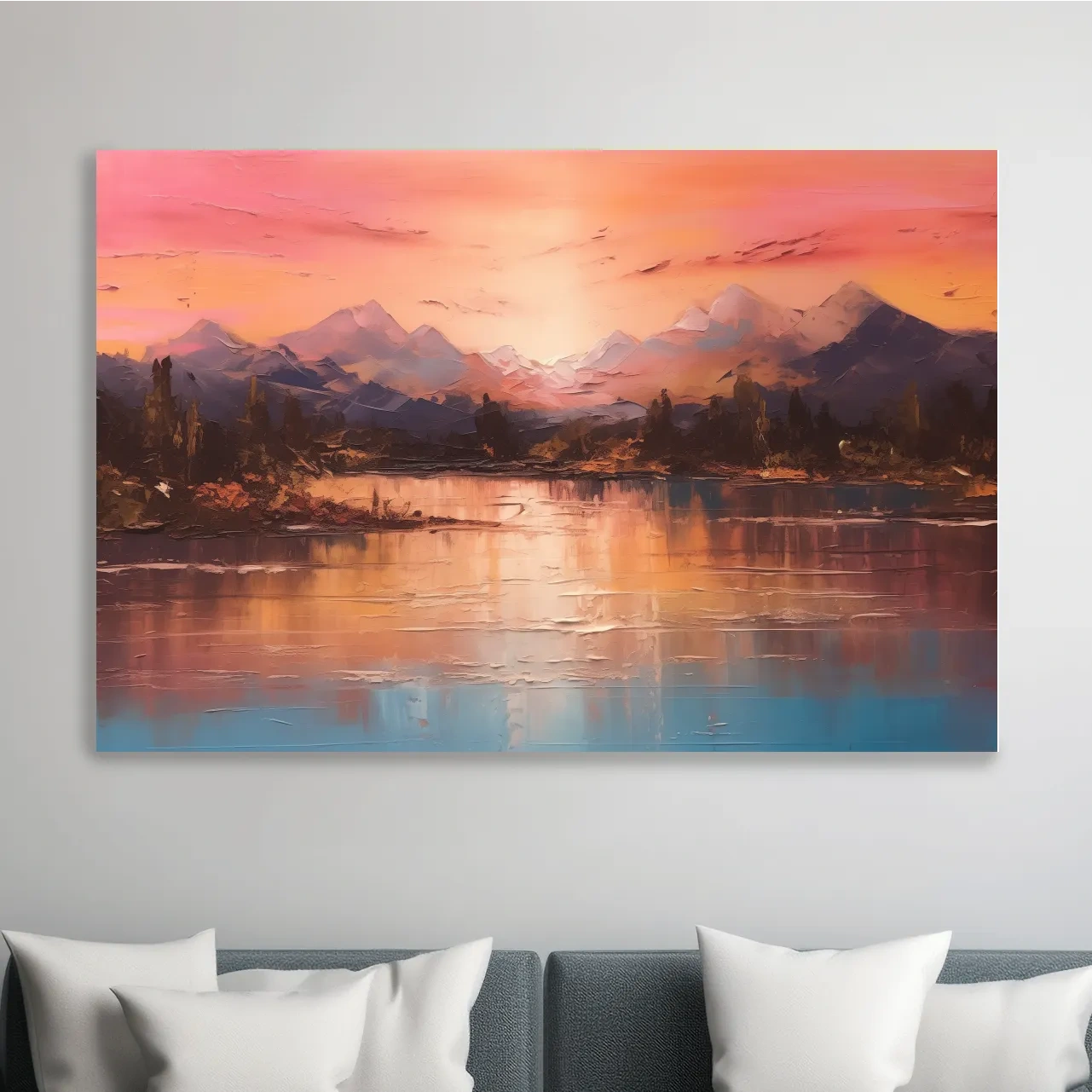 Sunset mountain lakeside painting, textured effect oil painting wall art print
