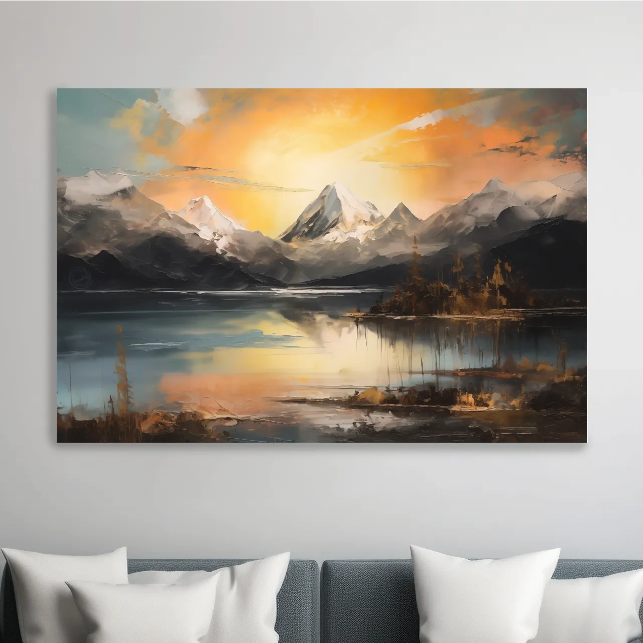Alpine mountain sunrise over a tranquil lake, dramatic oil painting wall art