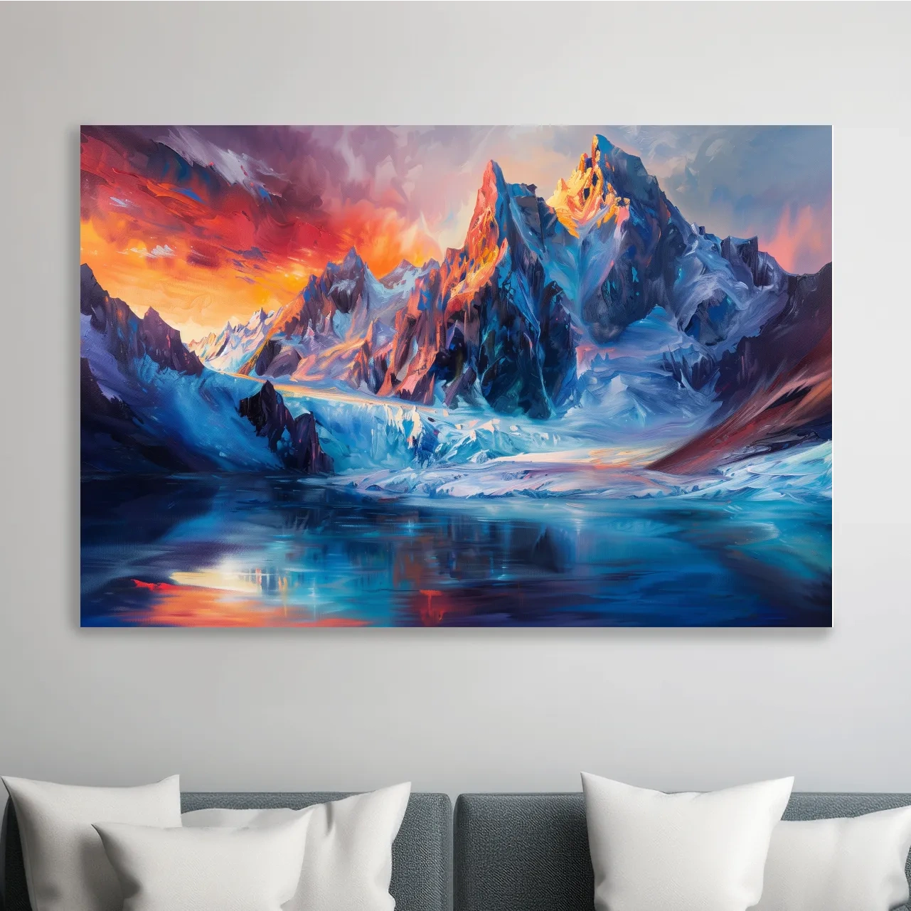 Abstract painting of an alpine glacier lake at sunset, mountain wall art