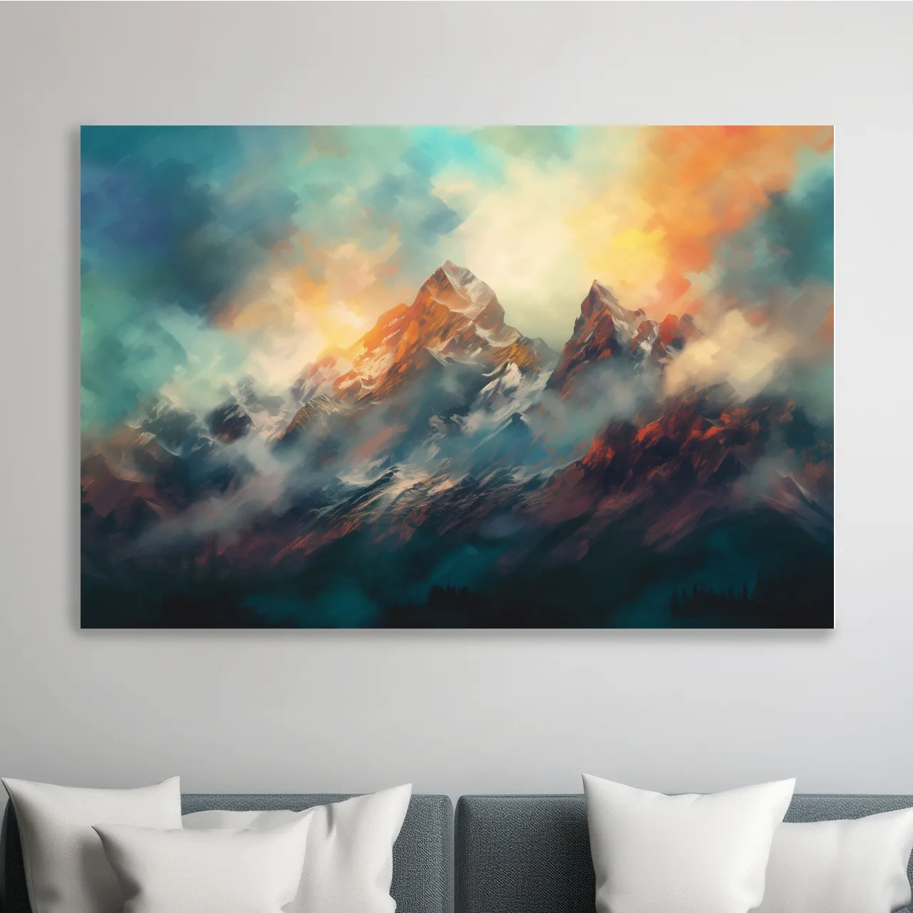 Abstract Sunrise Mountain Peaks Painting - Colorful Alpine Landscape Wall Art