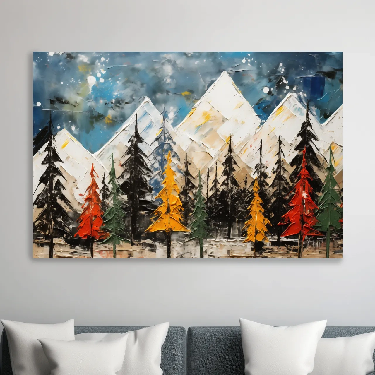 Textured Abstract Oil Painting Style Mountain Forest - Colorful Autumn Pines Landscape Wall Art